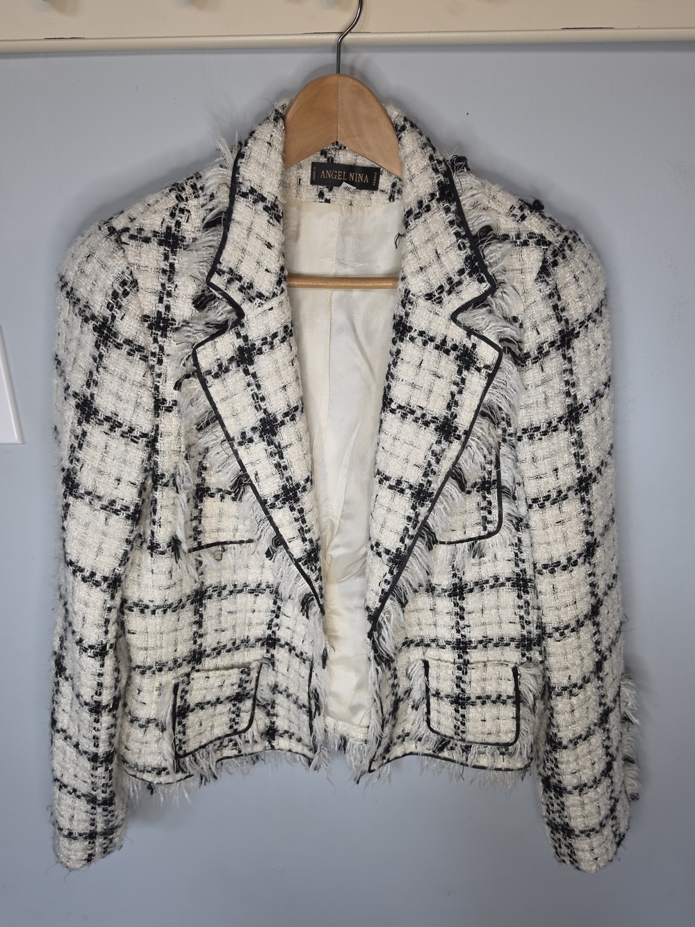 Angel Nina Black White Tweed Blazer Fringe Trim Black Piping Made in France 46